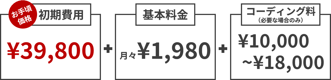 お手頃価格、初期費用39,800円+基本料金月々19,800円+コーディング料金10,000円～18,000円
